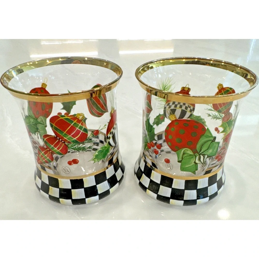 MacKenzie-Childs Deck the Halls Tumblers Set 2 Gold Rim Glass 8oz NEW